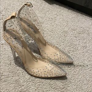 JustFab Silver Stiletto Heels with Rhinestone Embellishments